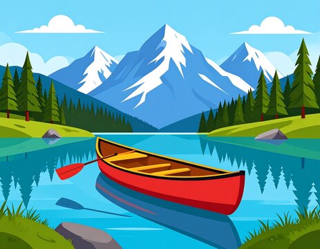 Scenic lake vista with a red canoe