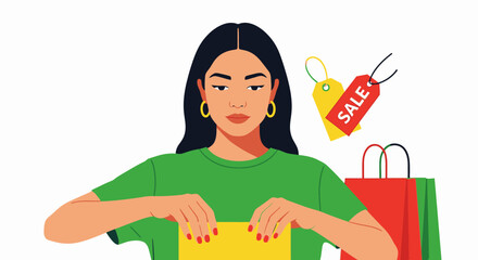 Fashionable Woman Shopping for Sale in Modern Retail Setting Holding Yellow Shopping Bag with Discount Tag Surrounded by Shopping Bags and Sale Sign Using Trendy Style and Trendy Accessories for
