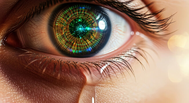 Close-up of a crying eye reflecting a binary code. The concept of losing one's humanity in the digital world, merging with artificial intelligence, and the sadness of being replaced by technology.
