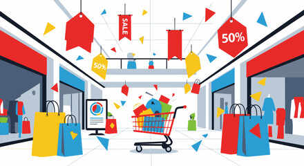 Vibrant Shopping Mall Celebration Scene with Sale Banners Decorations and Shopping Carts Filled with Goods for Holiday Sale Campaigns in a Modern Retail Environment