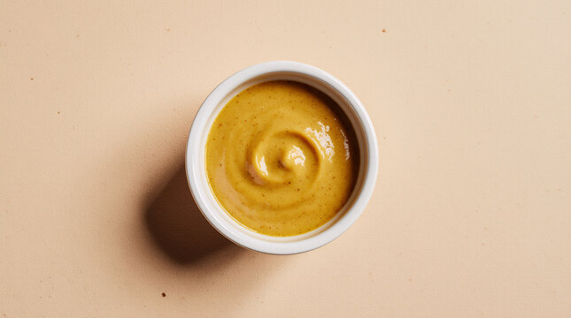 Yellow mustard in a white ramekin on a pale honey background, clean top-down studio shot with even diffusion