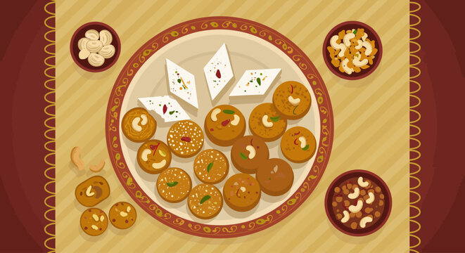 This flat design illustration showcases a tempting array of traditional Indian sweets and savory snacks, central to Diwali festivities.