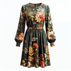 Floral elegance embodied in a long-sleeved dress against a pristine white backdrop