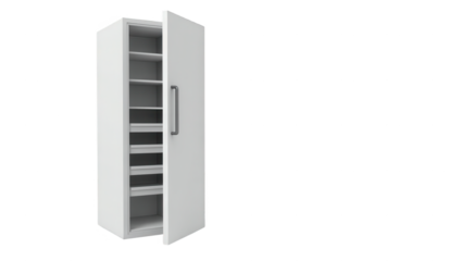 An empty, modern, white, upright freezer with open doors is presented against a plain black background.