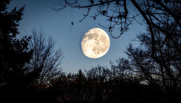 Full moon high above silhouettes of bare winter trees