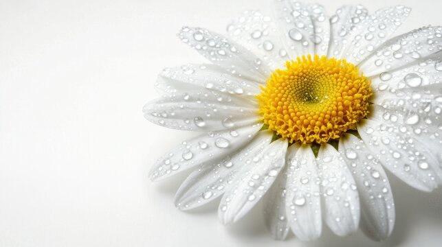 White daisy flower with yellow center and water drops on petals symbol of purity nature beauty and life