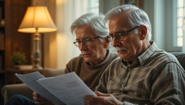 Worried Elderly Couple Examining Past Due Medical Bills Representing Financial Stress