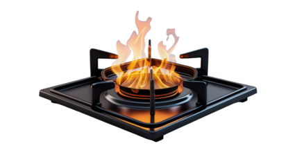 A modern gas stove burner with vibrant flames is highlighted against a stark black background.