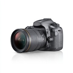 Black digital camera with large lens isolated on white background symbol of photography photo art and media