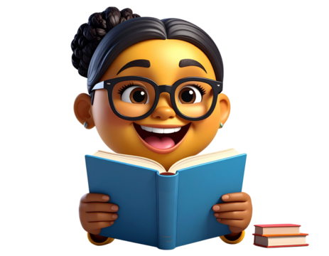 Happy Emoji Reading Book with Glasses on Transparent Background. happy emoji reading