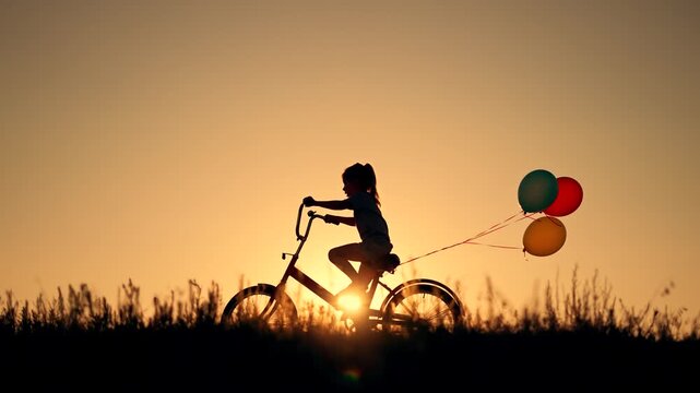 Girl riding bicycle at sunset across open field with colorful balloon trailing behind silhouette of child against golden sky conveying freedom joy play and outdoor movement and carefree youth