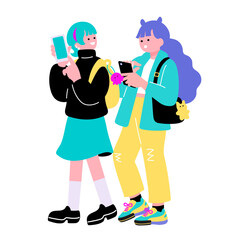 ポップでカラフルなZ世代の若者　スマートフォンを持つ女性のイラスト