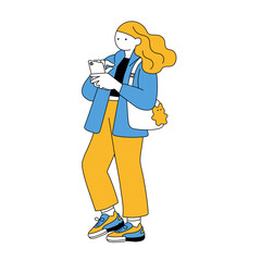 シンプルなタッチのスマートフォンを持つ女性のイラスト
