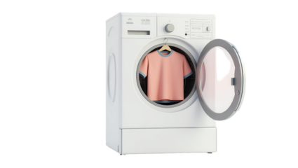A clean, light peach colored t-shirt is displayed inside a modern, white washing machine with the door open.