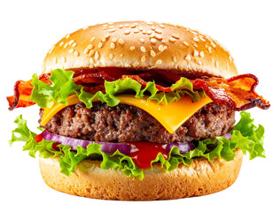 Overload Bacon Cheese Burger Isolated on Transparent Background PNG 