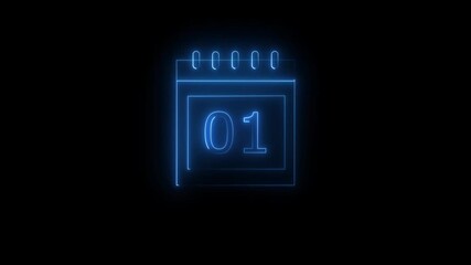 Neon glowing color calendar icon date 01 animation on black background.