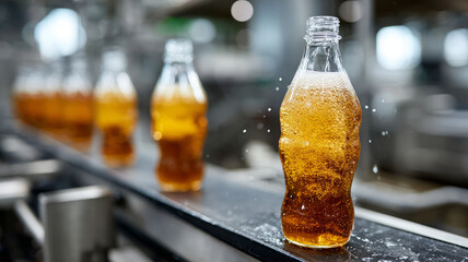 Soda bottles on a production line in a factory.