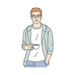 Cheerful illustration featuring a young man with glasses holding a cup, conveying friendliness and casual style