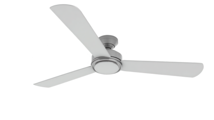 A sleek, modern ceiling fan with three white blades and a brushed nickel finish is centrally positioned against a black backdrop.