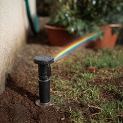 Sprinkler in garden spraying water with a rainbow effect.