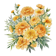 Watercolor arrangement of vibrant yellow and orange marigold flowers floral