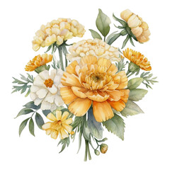 Watercolor Arrangement of Yellow and White Flowers with Green Leaves floral bouquet