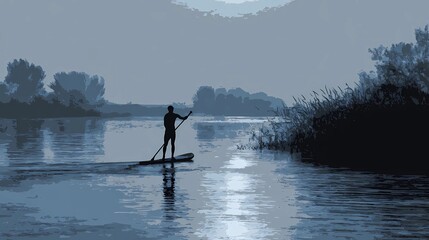 Outdoor athlete standing on SUP board on quiet lake, practicing balance and enjoying scenic water sport moment.