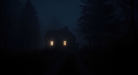 A dark, eerie house in the woods at night with glowing windows