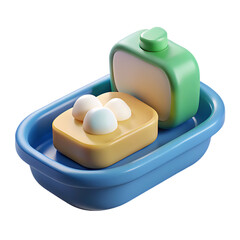Blue Soap Dish With Yellow Soap And Three White Bubbles
