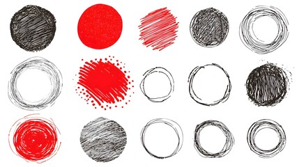 A collection of red circular brush strokes in various sizes and styles on a white background