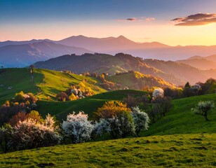 Obraz premium Rolling hills, blossom trees, mountain sunrise