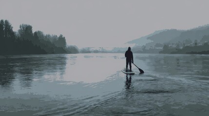 Outdoor athlete standing on SUP board on quiet lake, practicing balance and enjoying scenic water sport moment.
