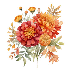 Watercolor Autumn Floral Arrangement Red Orange Yellow Flowers Green Leaves image photo