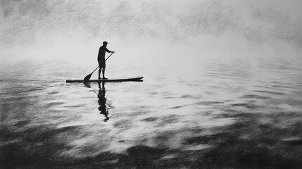 Outdoor athlete standing on SUP board on quiet lake, practicing balance and enjoying scenic water sport moment.