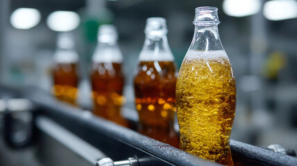 Soda bottles on a factory assembly line in a bottling plant.