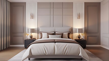 Minimalist bedroom with soft beige palette, clean lines, twin lamps, elegant headboard, and balanced decor, offering modern sophistication with a warm and inviting mood.