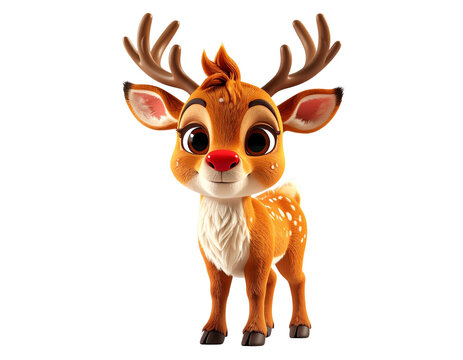Reindeer cartoon styled character, 3D, high quality model, centered on stark white ba