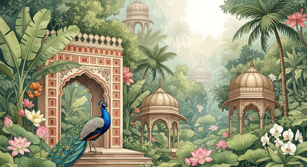 Beautiful indian garden with peacock illustration wallpaper background design for home decor and art prints