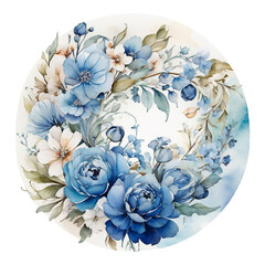 Watercolor blue and white flowers with green leaves and watercolor splashes floral wreath