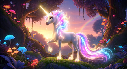 A majestic unicorn with a glowing horn and colorful mane stands in a magical forest filled with mushrooms and a rainbow in the background.