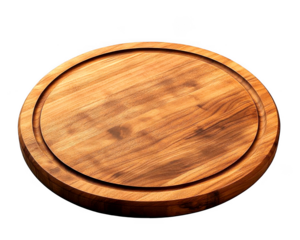 Round wooden board displays a grooved ring detail 