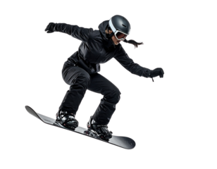 Snowboarder mid-air captured in dynamic jumping pose, full body, masks obscuring faci 