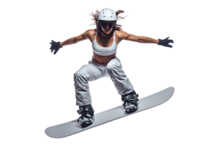 Snowboarder mid-air captured in dynamic jumping pose, full body, masks obscuring faci
