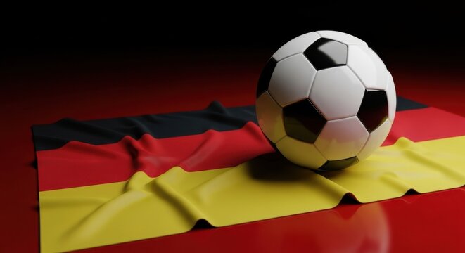 A classic soccer ball rests on the german flag, symbolizing national pride and the sport