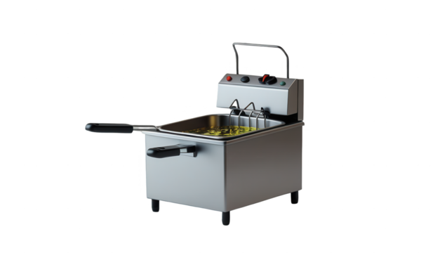 A stainless steel deep fryer with hot oil and food items inside is presented against a black backdrop.