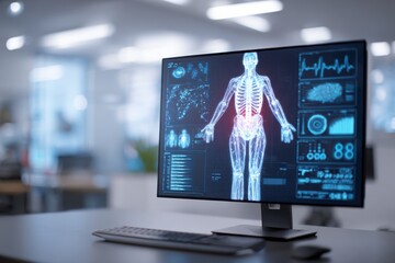 Modern healthcare concept showing digital human anatomy and health statistics on a high-tech monitor in a medical office.