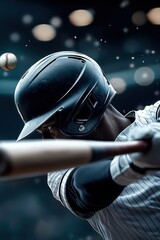 Action shot baseball player in mid-swing, wearing a helmet and striped jersey, focusing precision, strength, competition. Perfect representation professional sports, teamwork, athletic performance