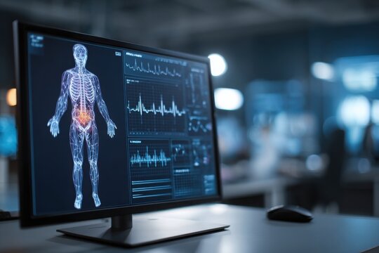 Modern healthcare concept showing digital human anatomy and health statistics on a high-tech monitor in a medical office. - Powered by Adobe