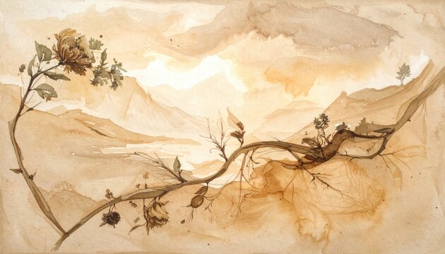 Monochrome Watercolor Landscape of Mountains and Twig with Flowers in Sepia Tones Creates Serene Abstract Art for Background