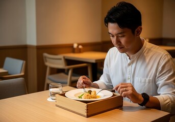 Man Focused on Delicious Meal in Restaurant.